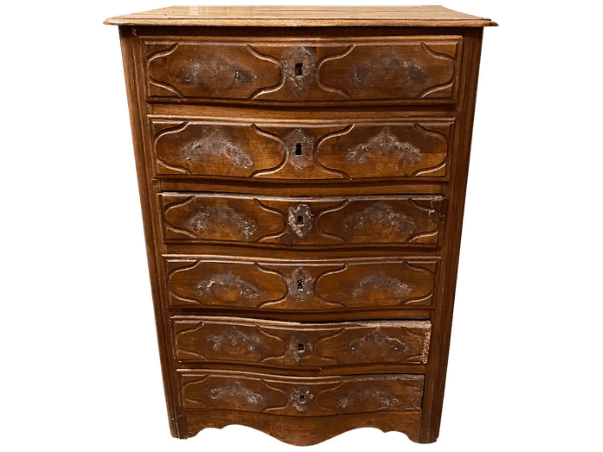 Avant restauration. Commode d'époque Louis XIV Avant restauration. Restauration à Paris - Vincennes d'une commode d'époque Louis XIV
